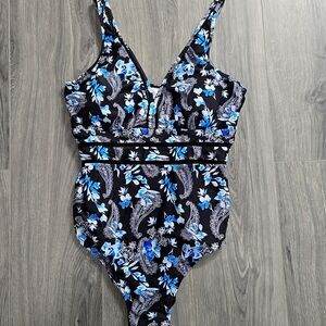 Blue and Black One Piece Swimsuit with Floral Design